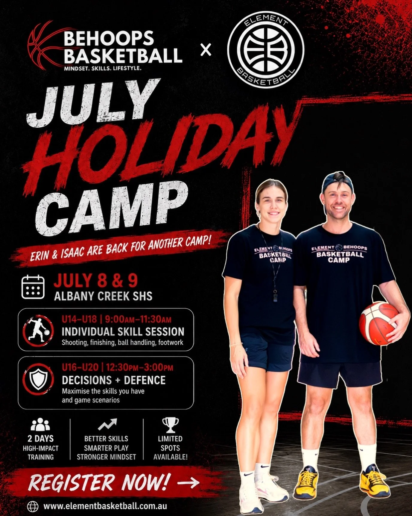 BEHOOPS &amp; ELEMENT BASKETBALL ARE TEAMING UP THESE JULY HOLIDAYS

Erin &amp; Isaac are back again for 2 days of high-impact training designed to help basketball athletes improve their skills, decision-making and confidence on the court.

📅 July 8