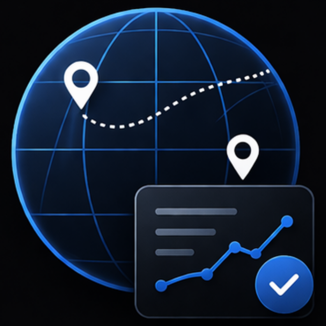 Digital illustration of a globe with two location markers connected by a dotted line, a graph with a rising trend, and a check mark icon.
