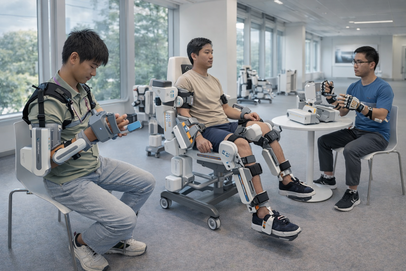 A man in a rehabilitation chair with robotic exoskeleton limbs being tested by two engineers, one holding a tablet and the other with a hand device, in a bright, modern therapy room