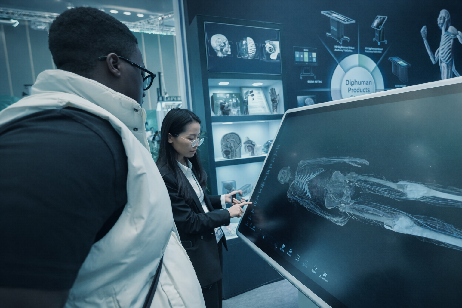 Two people observing a large digital screen displaying a human skeletal and muscular system at a science exhibition.