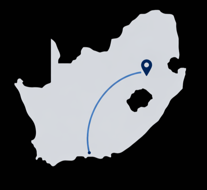 Outline map of South Africa with a blue location pin and a curved line indicating a route from the south to the northeast