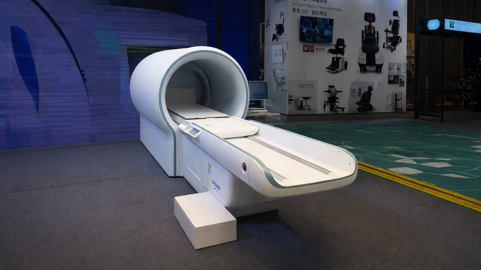 Medical MRI scanner on display at an exhibition.
