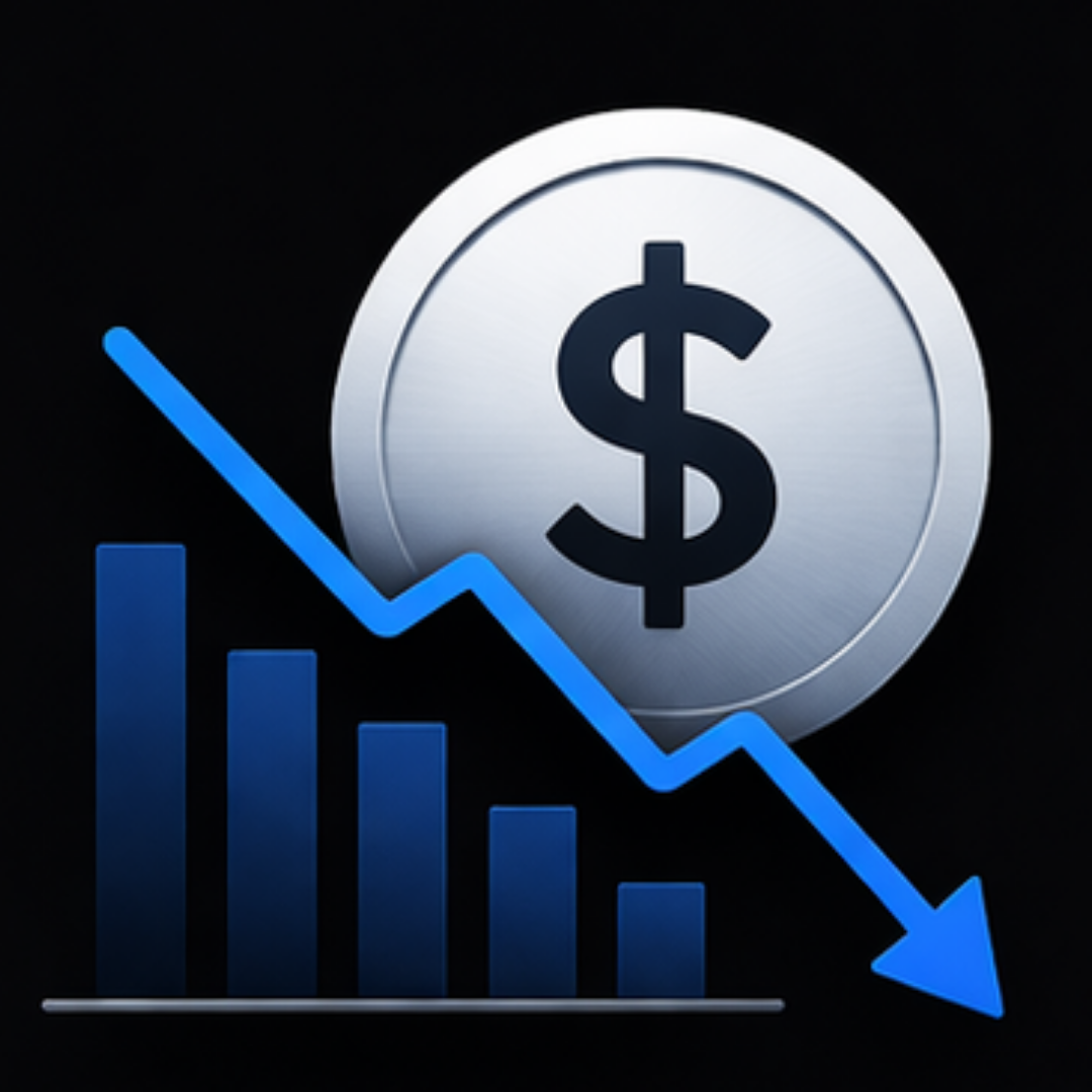 A declining financial graph with blue bars and a downward arrow, overlaid with a silver coin featuring a dollar sign.
