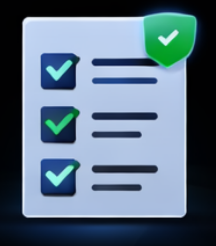 Digital checklist with three items checked off and a green checkmark shield icon in the top right corner.