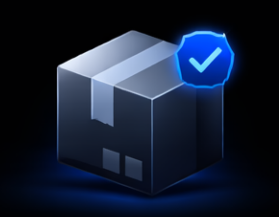 Dark gray cube with white tape and a blue checkmark shield icon on top, glowing edges, against black background.
