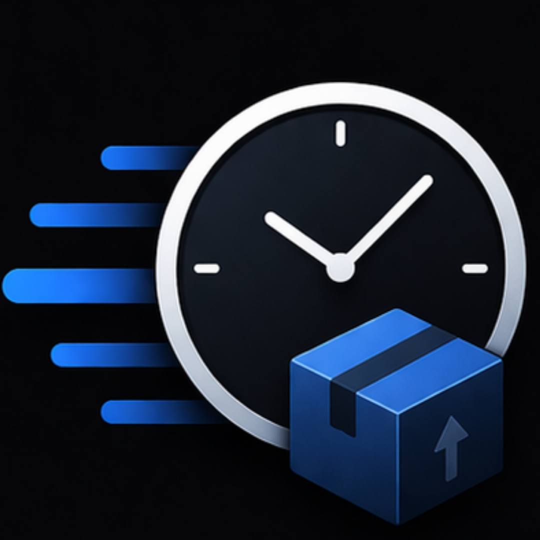 A clock with moving blue lines indicating speed and a cardboard box with an upward arrow symbolizing fast shipping or delivery.