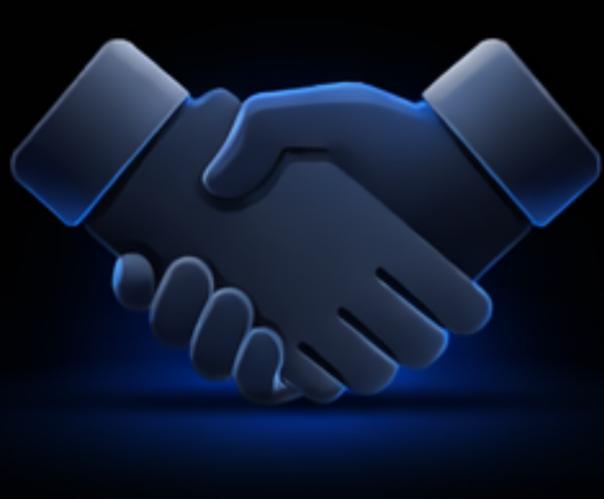 A graphic illustration of two hands shaking, symbolizing agreement or partnership, with a dark background and a blue glow.