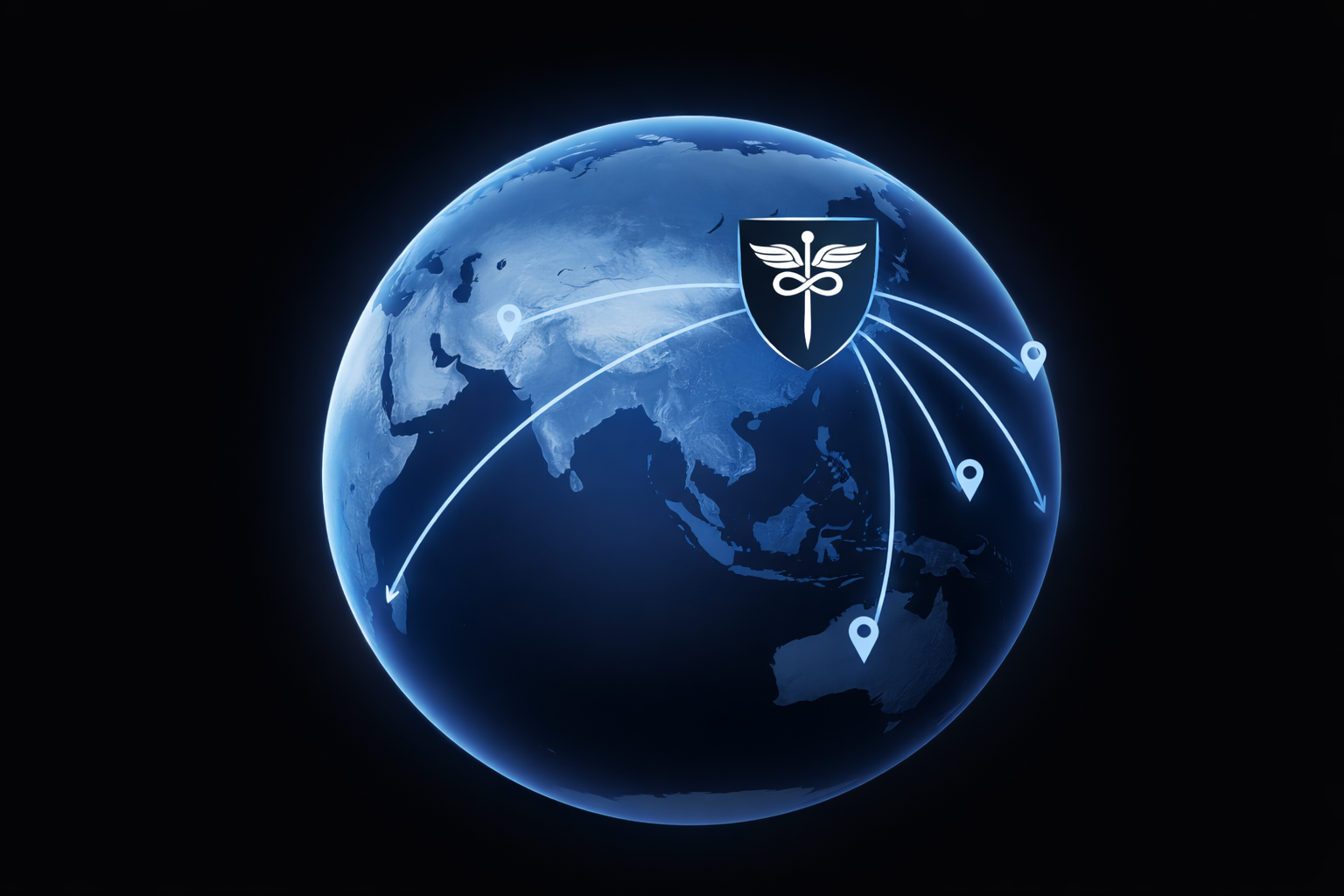 Digital globe of Earth showing connections between different locations, with a medical symbol in a shield at the center.