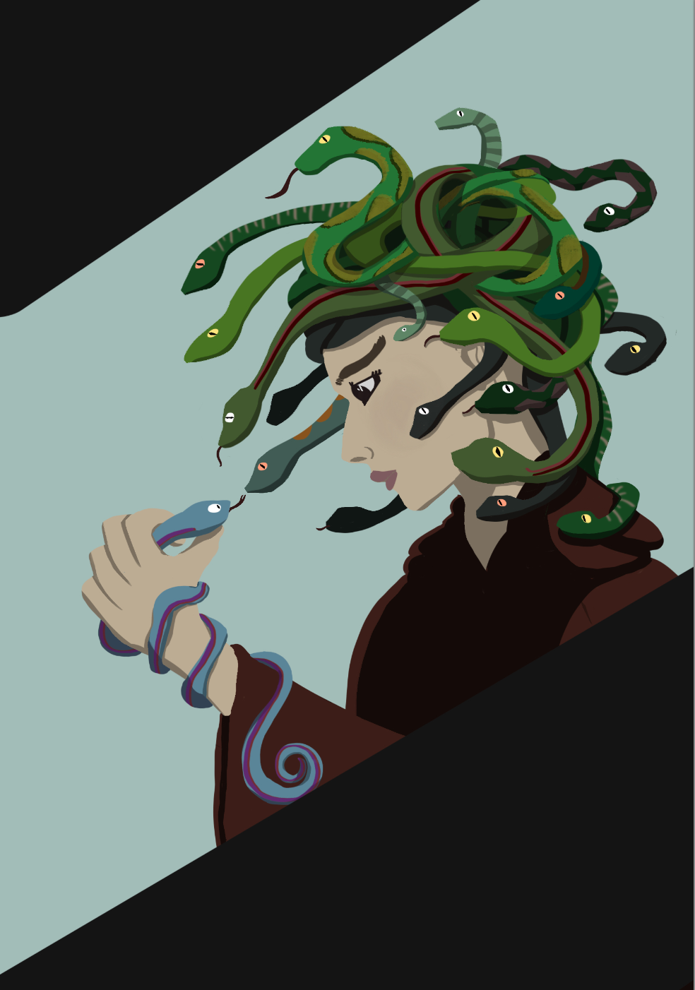 A woman with her hair made of colorful snakes, holding a small blue snake in her hand, against a diagonal split background of black and light blue.