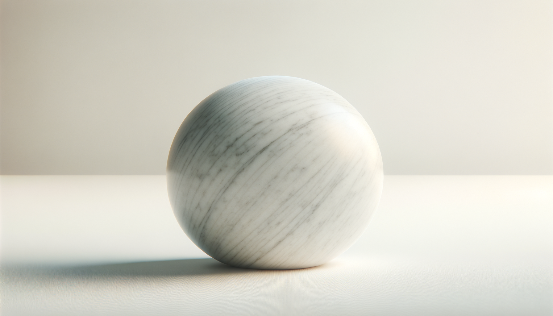 A white marble sphere with subtle gray veining on a light surface, casting a soft shadow to the left.