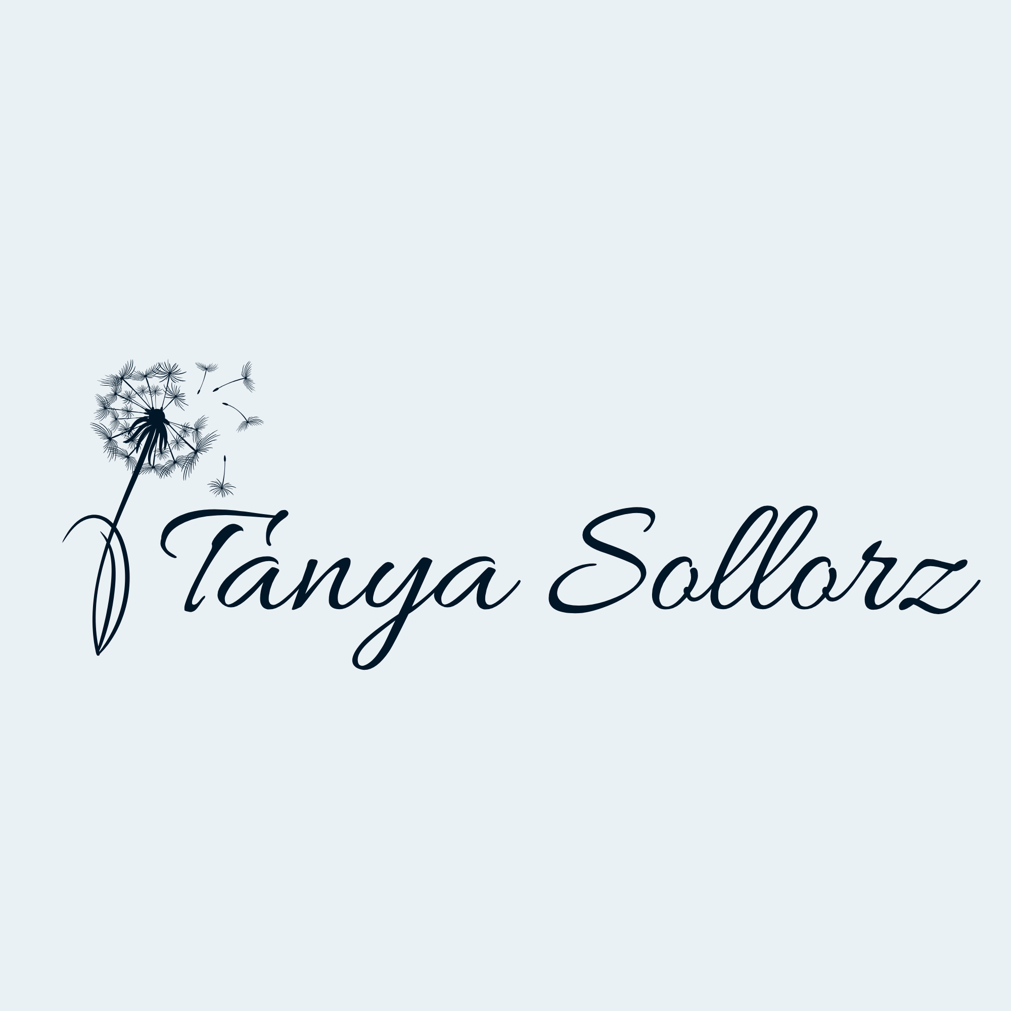Close-up of a dandelion seed head with some seeds dispersing, on a light background with elegant cursive text reading 'Tanya Sallo'.