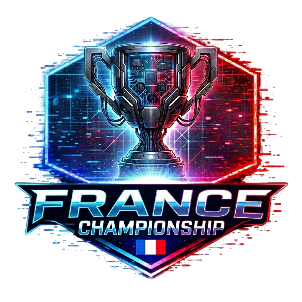 Logo d'un championnat d'esport France, avec une coupe futuriste et un fond digital en bleu et rouge