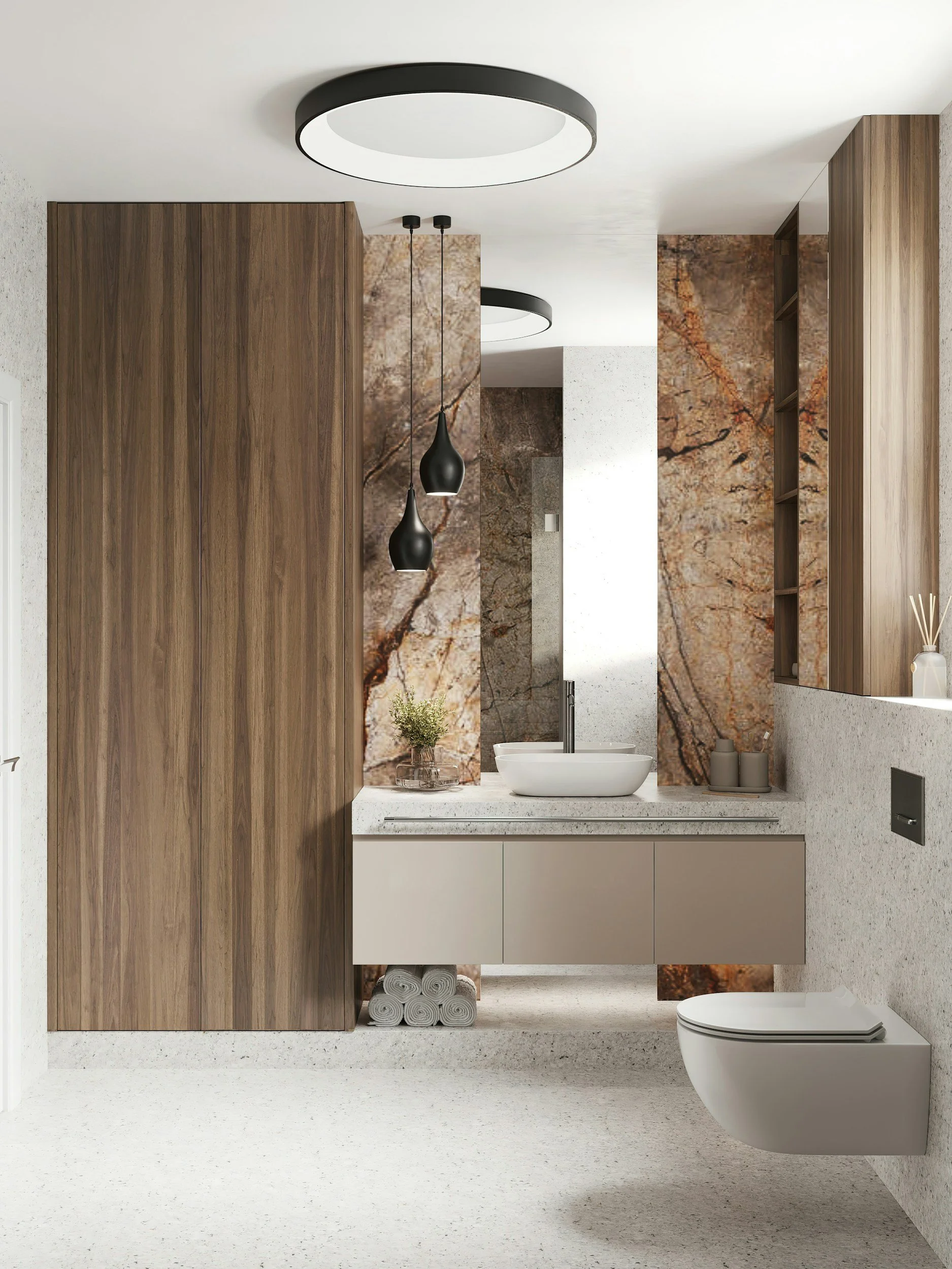Modern bathroom with wood cabinetry, marble accent walls, a white vessel sink, black pendant lights, and a wall-mounted toilet.