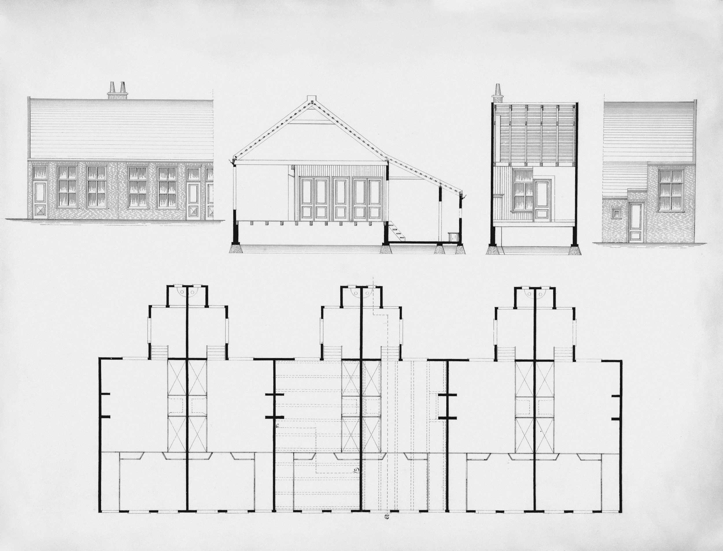 Architectural blueprint of a building's exterior and floor plans.