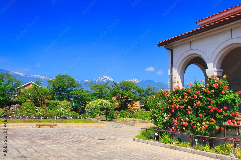 青空と雪山を背景に、花と緑豊かな庭園と白い建物の風景