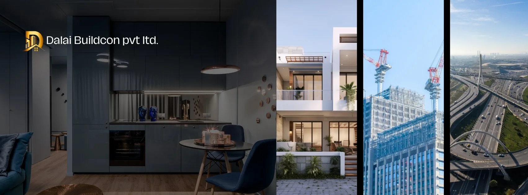 Composite image showing interior of a modern apartment with a kitchen and dining area on the left, and an exterior view of a white multi-story building with balconies on the right, along with a construction site with cranes and an aerial view of interconnected highways.