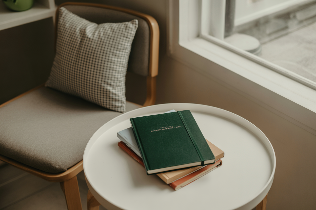 A small white round table with a green hardcover book and three other books stacked underneath, next to a wooden chair with a plaid cushion, beside a window with sunlight coming in.