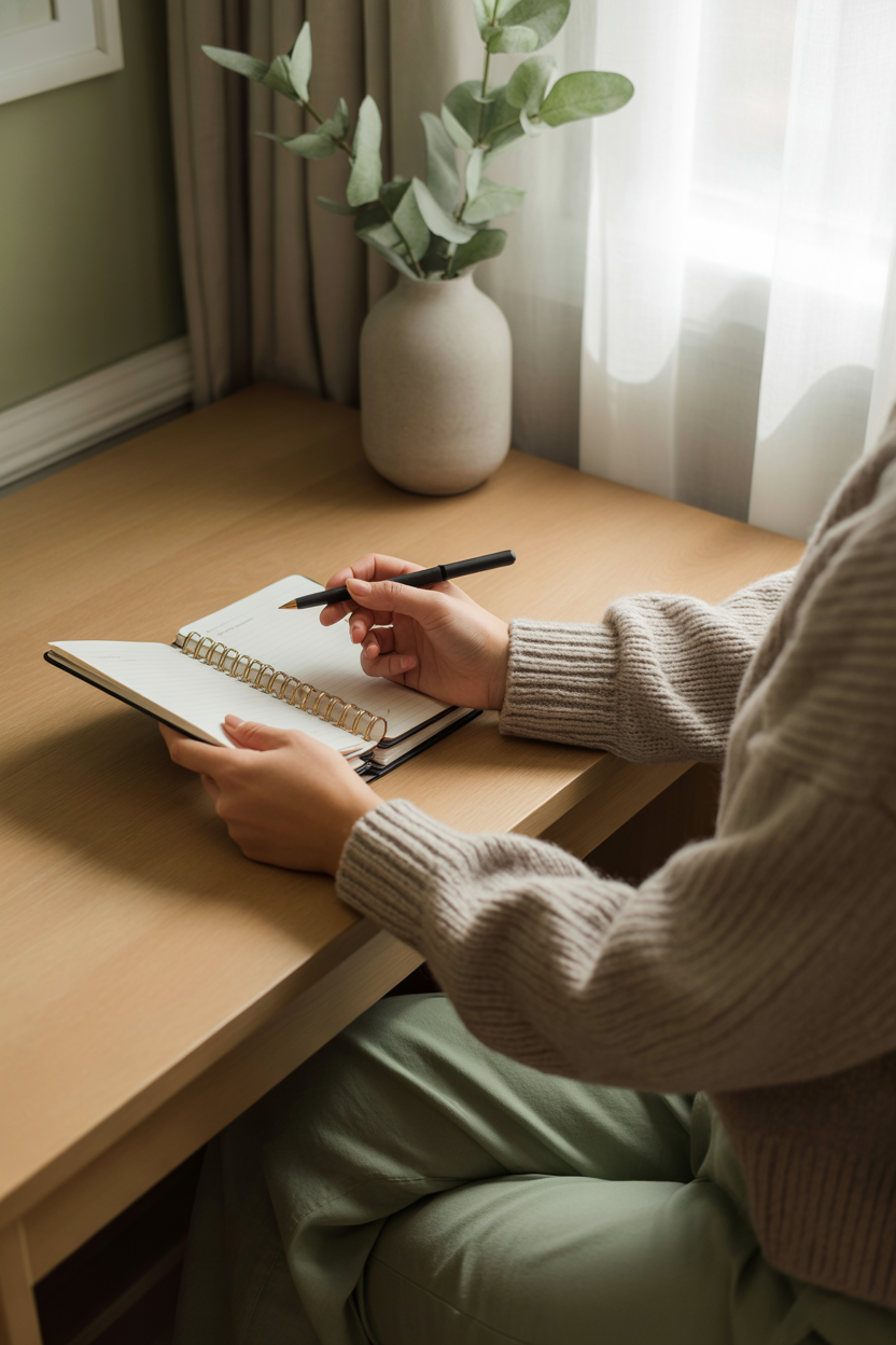 Person in beige sweater writing in a spiral notebook with a black pen at a wooden desk near a window with sheer curtains and a potted plant.