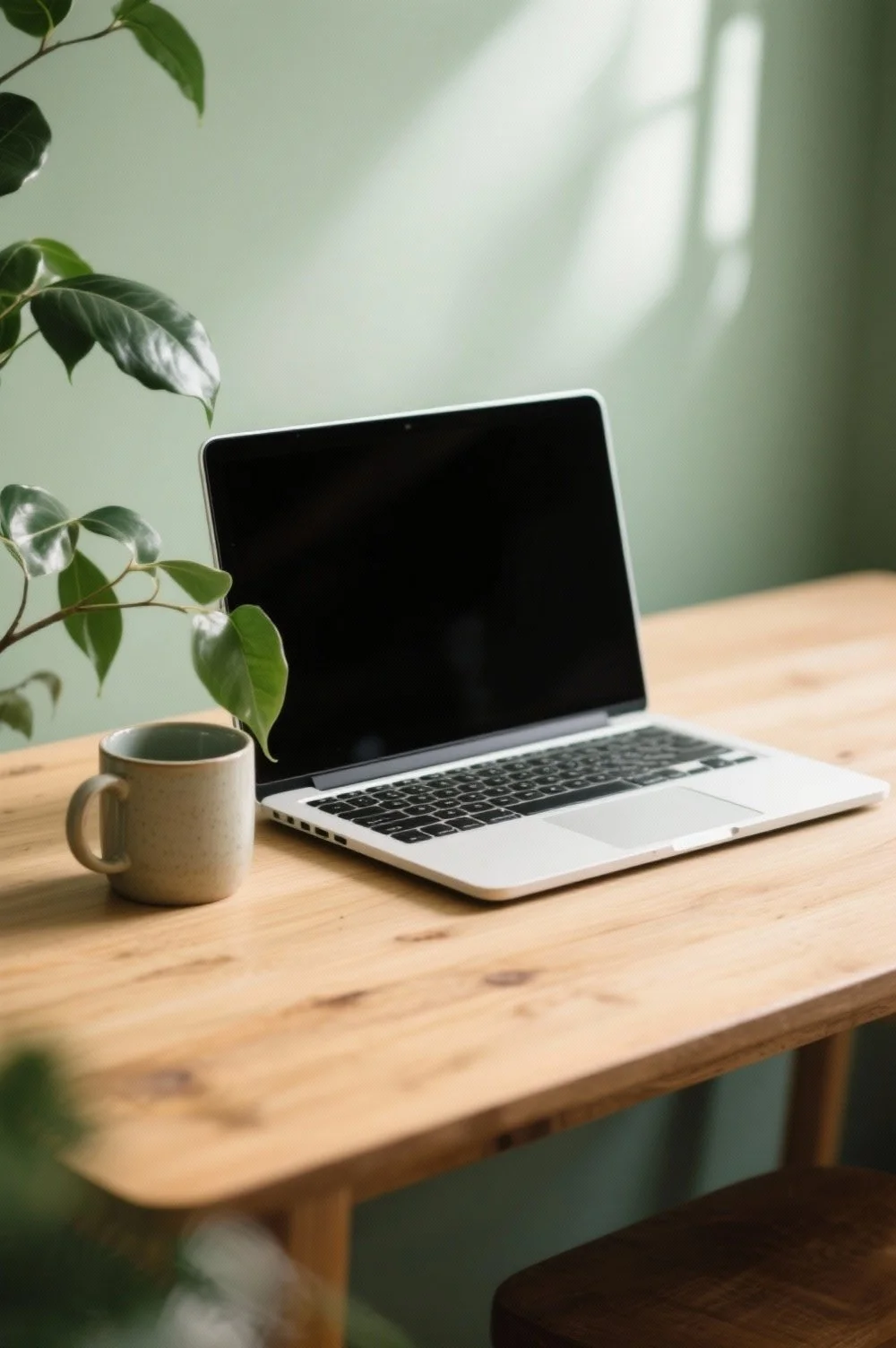 A wooden desk with a silver laptop, a beige mug, and a green leafy plant against a green wall with sunlight streaming through a window.