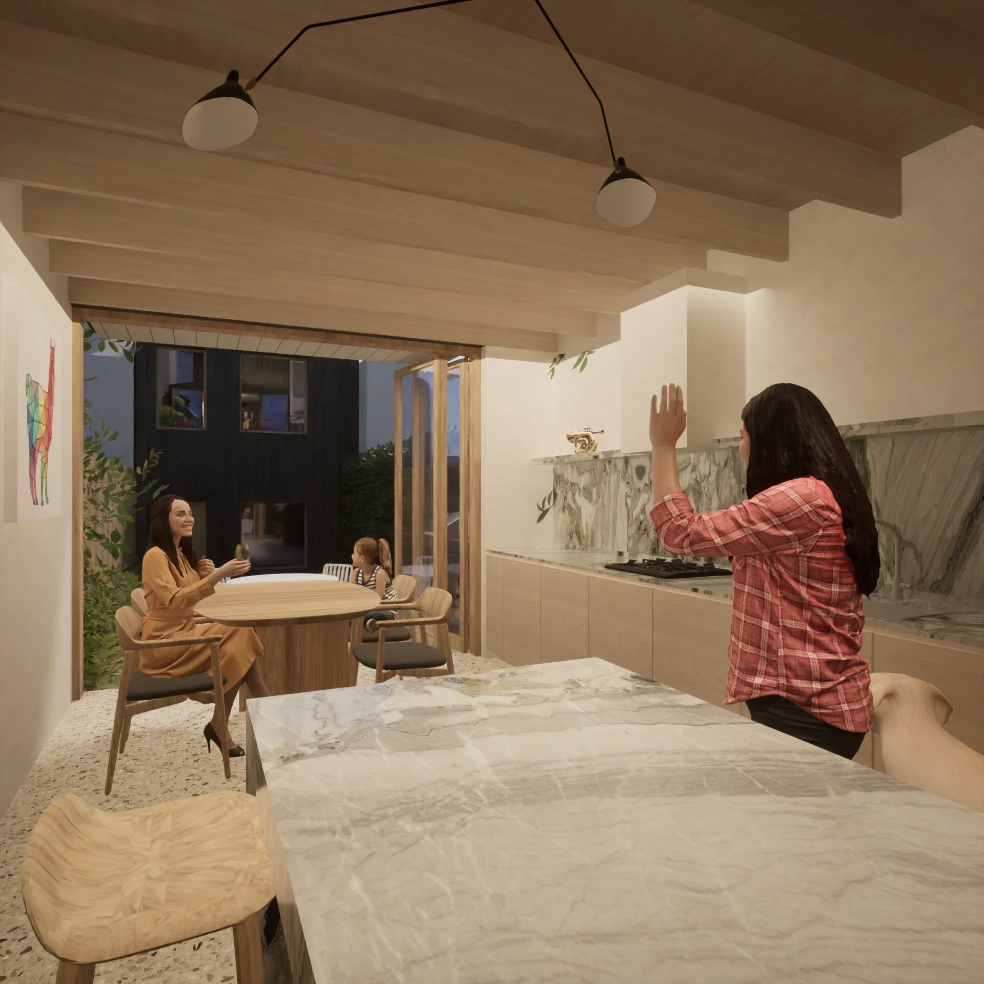 Interior of a modern kitchen with wood ceiling beams, two people taking a photo, and one person sitting at a dining table