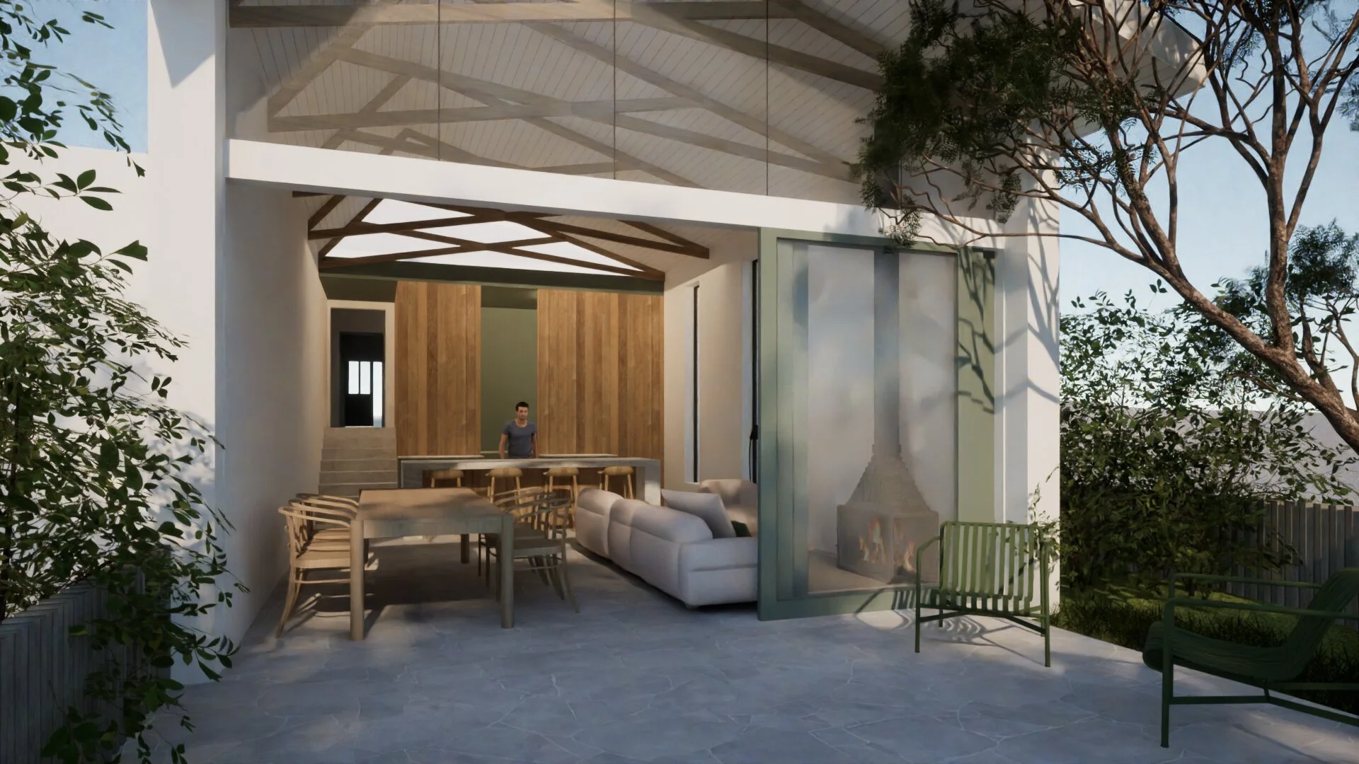 Modern outdoor living space with dining area and seating, large glass doors, open outdoor dining.