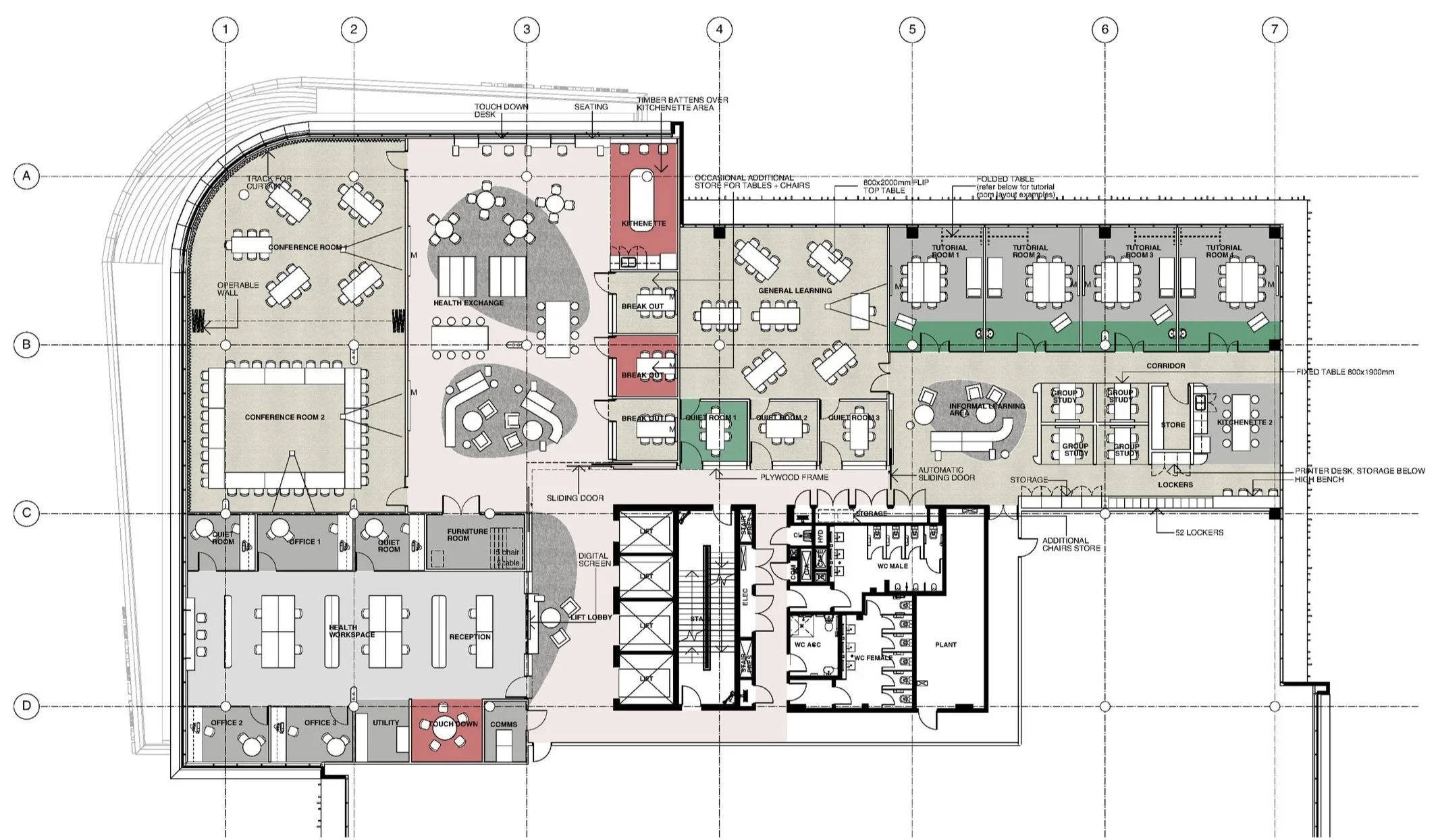Floor plan of an office building with various rooms labeled, including conference rooms, offices, a kitchenette, health exchange area, training rooms, storage, lockers, and restrooms.
