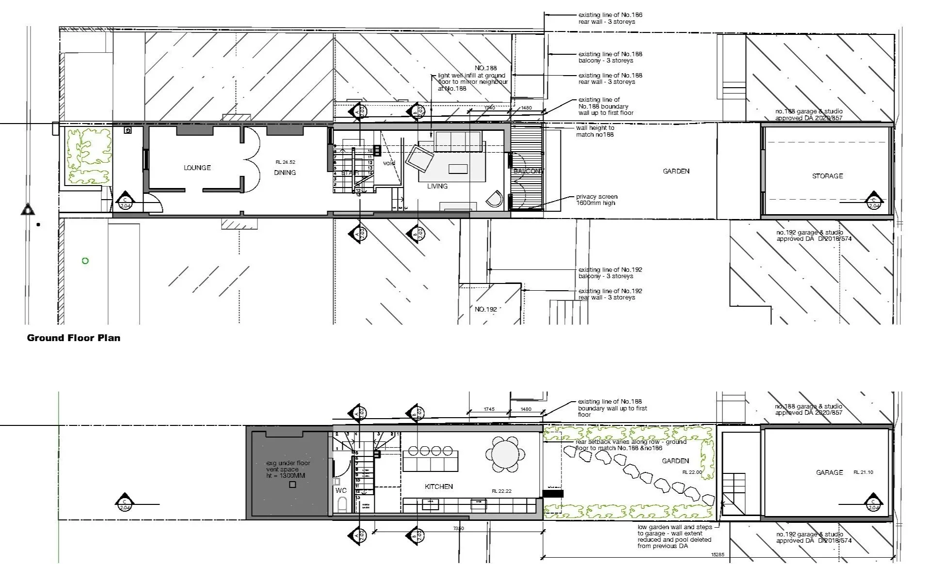 A detailed architectural floor plan of a building, showing rooms labeled as lounge, dining, living, kitchen, storage, garage & studio, with annotations for measurements, walls, stairs, and outdoor areas.