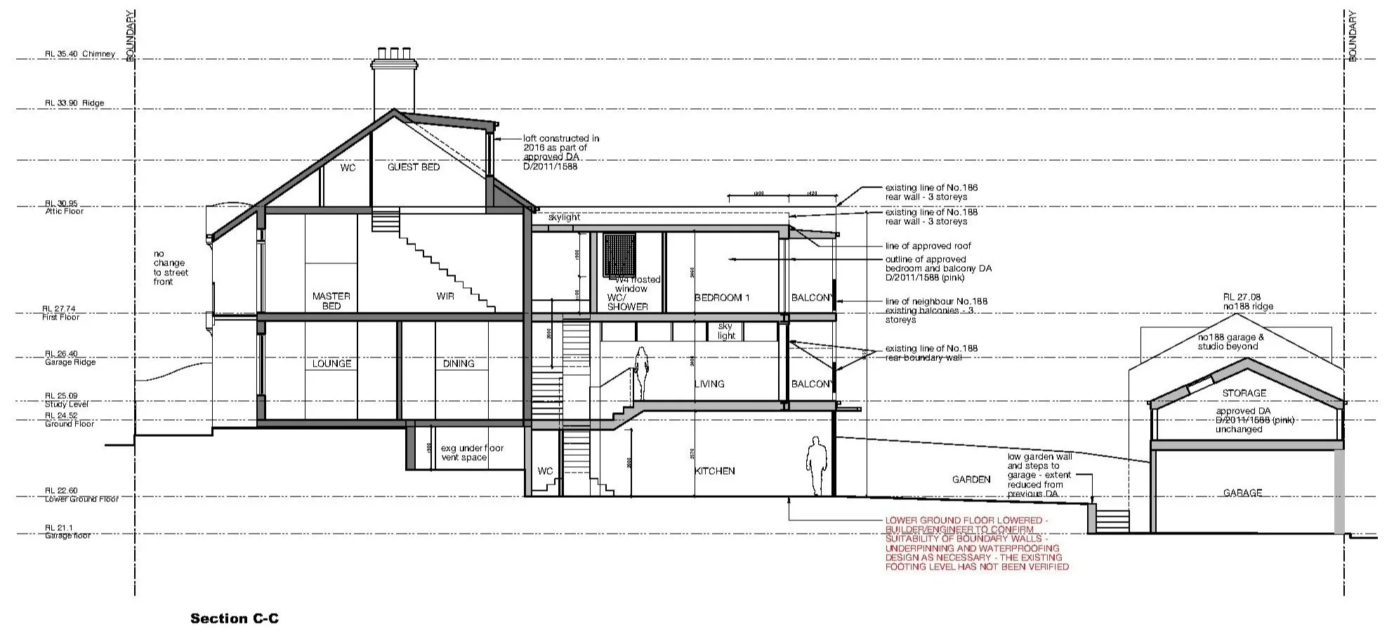 Architectural blueprint of a multi-story house showing cross-section details, including rooms such as kitchen, living room, dining area, bedrooms, balconies, and garage, with various measurements and construction notes.