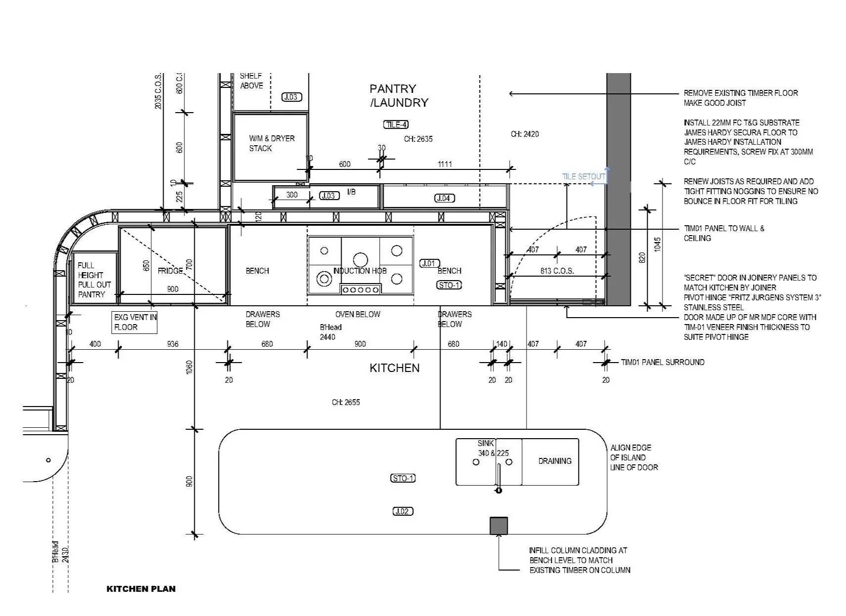A detailed kitchen and laundry room floor plan with measurements, labels for appliances, cabinets, and structural elements, including a pantry, fridge, induction hob, and sink.