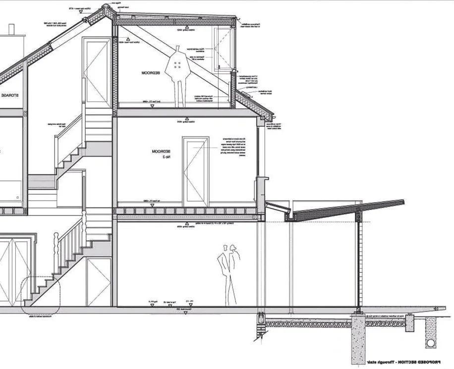 Architectural cross-section drawing of a multi-story house, showing interior layout, stairs, rooms, and roof structure with human figures for scale.