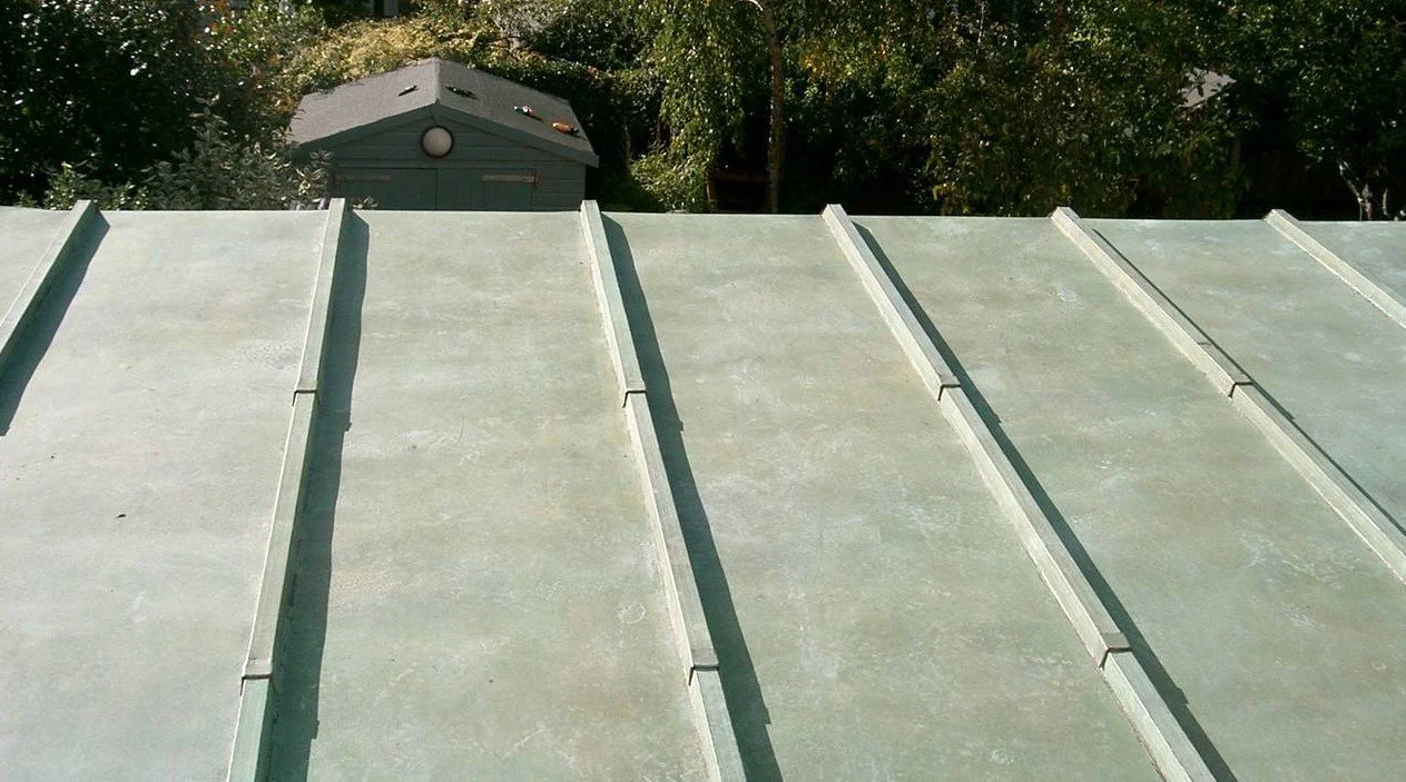 Metal roof panels with ridges, viewed from below. In the background, there is a small shed or building with a round vent and trees.