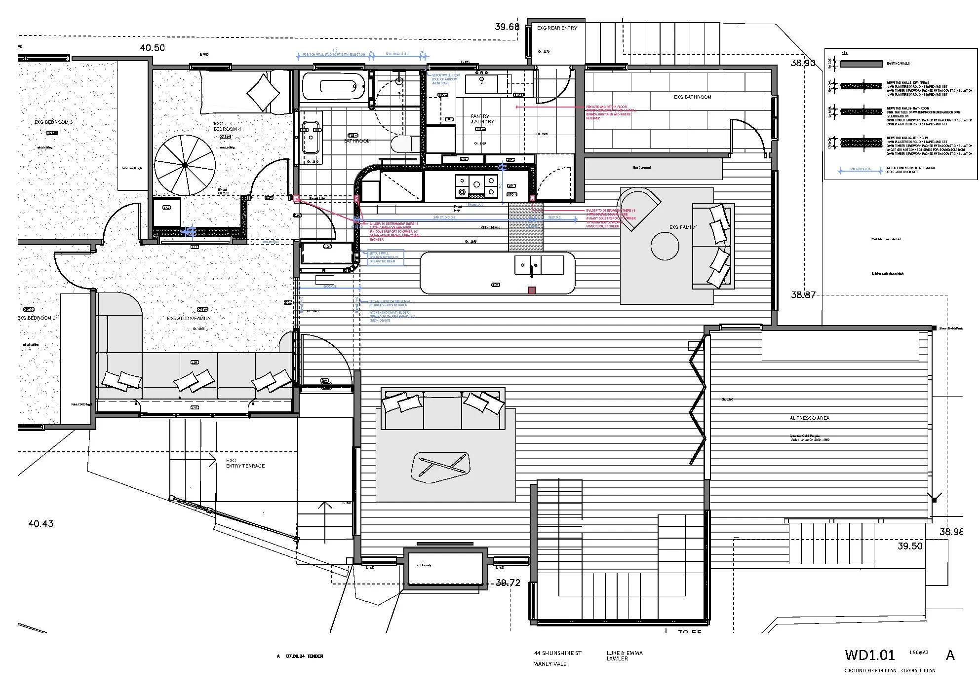 Architectural blueprint of a building's ground floor layout showing rooms, walls, furniture, and measurements.