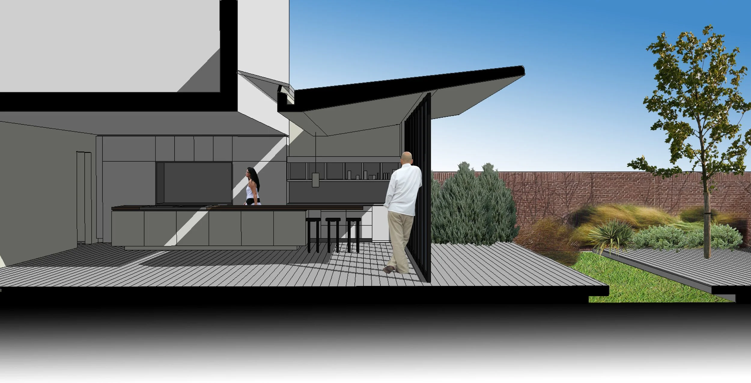 A 3D rendering of a modern outdoor patio with a kitchen area, a man in beige pants and a white shirt standing by the sliding door, and a woman inside the kitchen. The patio has a tile floor, and there is a garden with trees, bushes, and a brick wall 