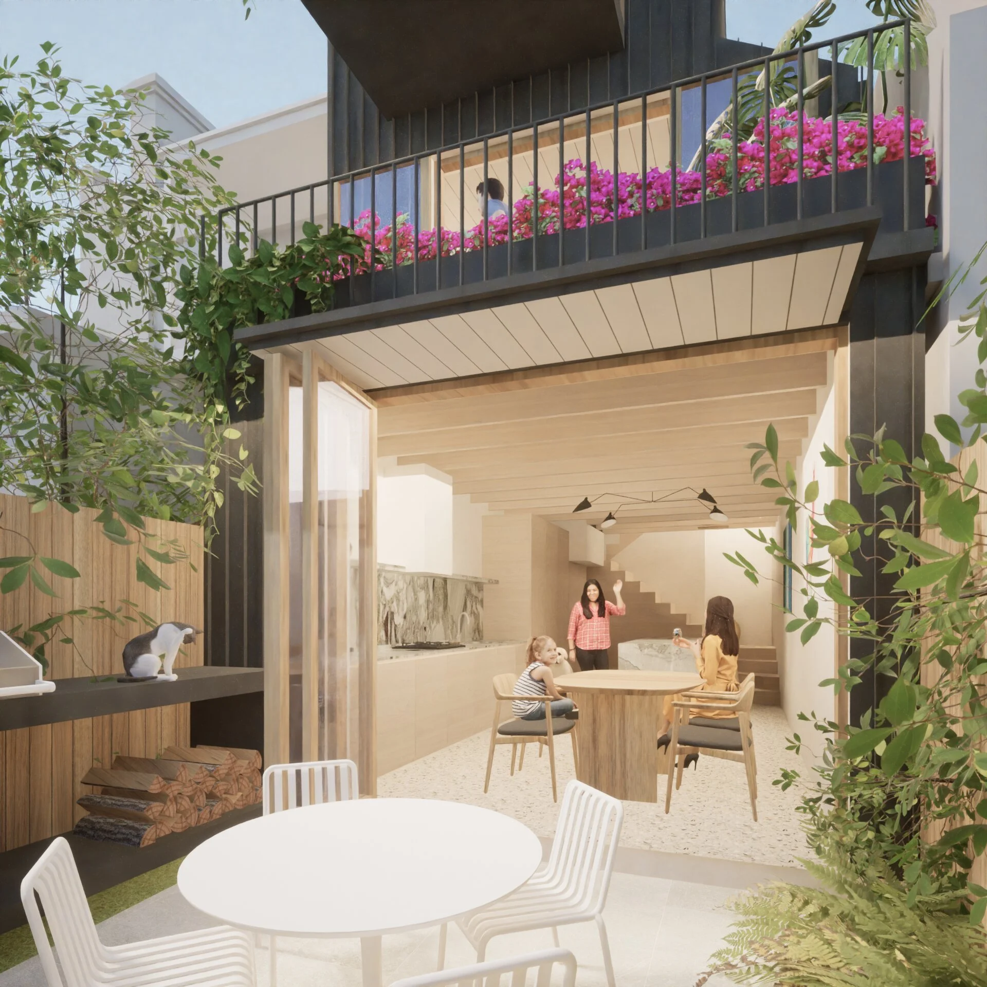 Indoor space with a dining table, chairs, and a kitchen area, decorated with greenery and pet dog, with a second floor balcony filled with pink flowers and two children, one waving.
