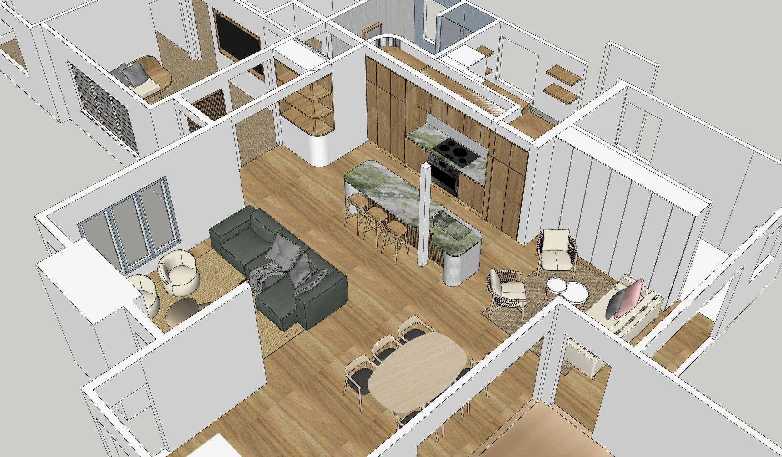 A 3D digital rendering of a modern apartment layout, showing a living room with a dark gray sectional sofa, a kitchen with wooden cabinetry, a marble-topped island with bar stools, a small dining table with chairs, and a bedroom with a bed and window