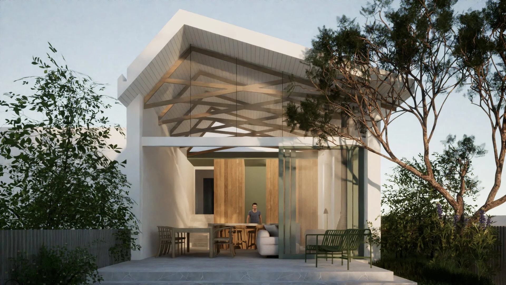 Modern two-story house with a large balcony, wooden panel accents, and glass walls, surrounded by trees and outdoor seating.