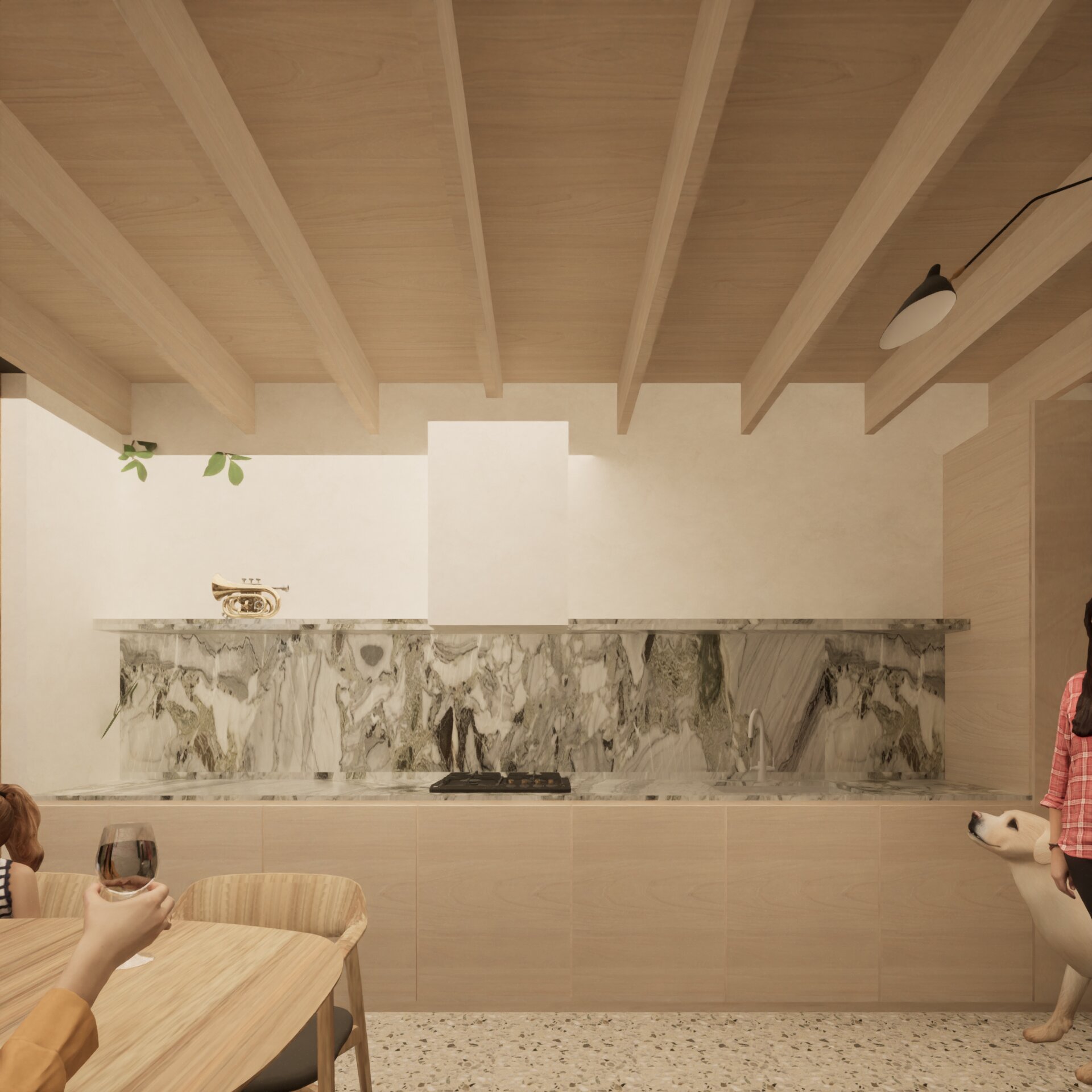 A modern kitchen with a marble stone fireplace, wooden ceiling beams, and a mounted light fixture. A person holding a wine glass is visible in the foreground, and a dog and a person are seen at the bottom parts of the image.