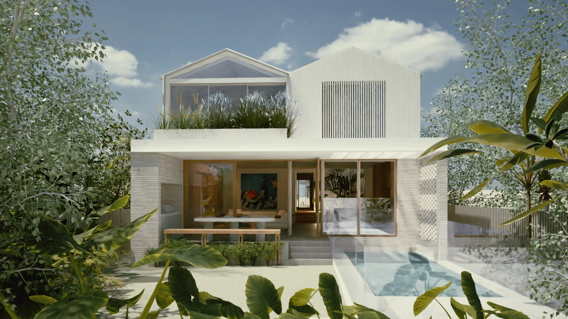 Modern outdoor living space with dining area and seating, large glass doors, open outdoor dining.