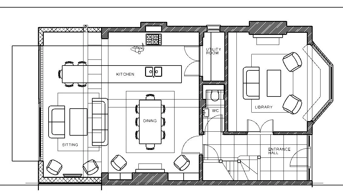 Floor plan of a house showing an entrance hall, sitting room, dining area, kitchen, utility room, WC, and a library.