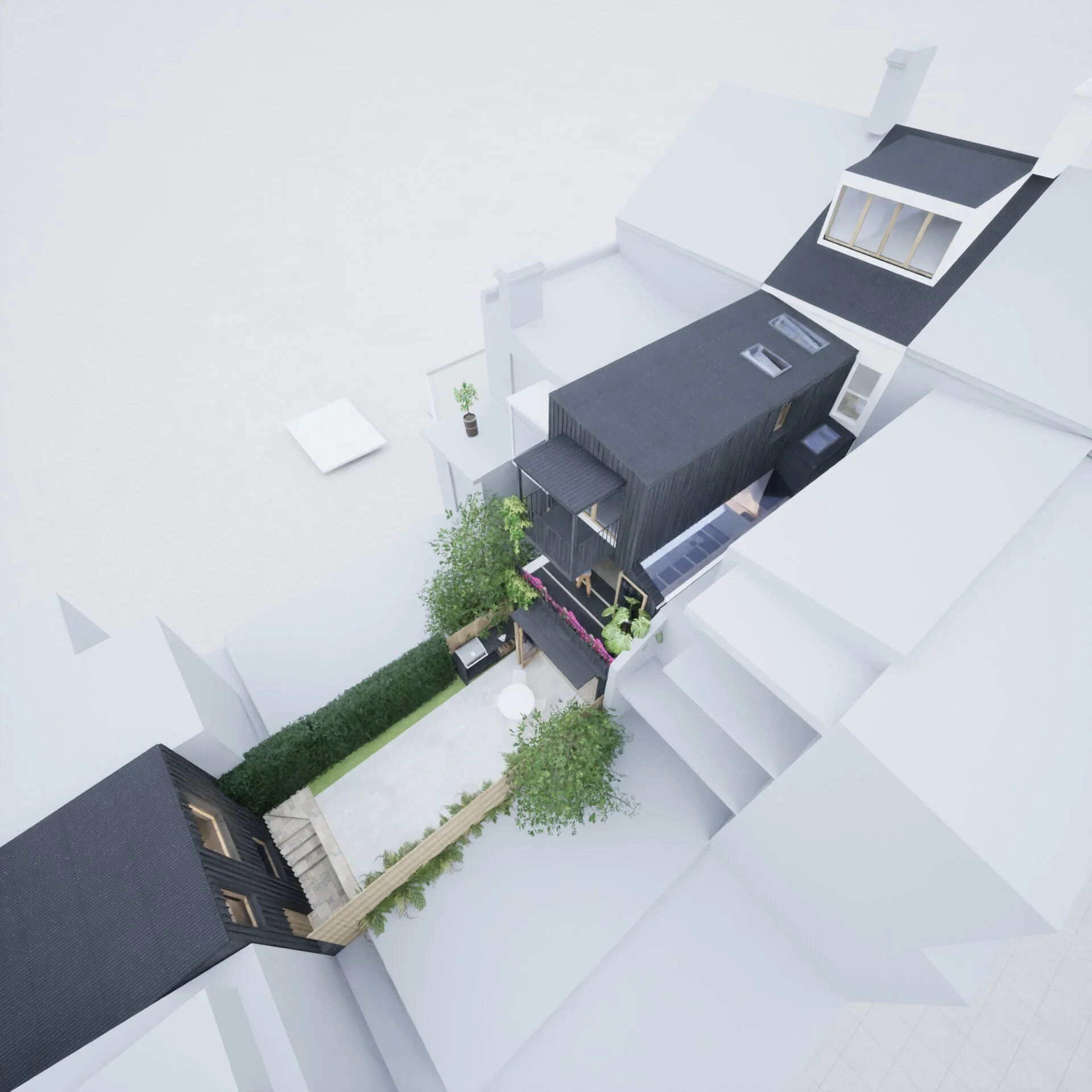 Interior view of a modern residential building with black and white color scheme, featuring black roofing with skylights, a patio with a table and chairs, green plants, and trees.