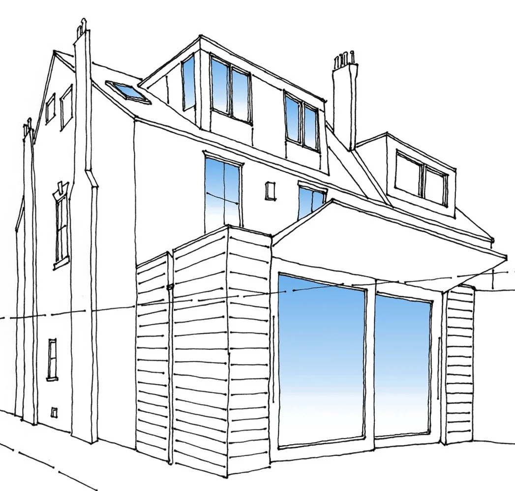Line drawing of a multi-story house with several windows and a large sliding glass door, with blue sky visible through the windows.