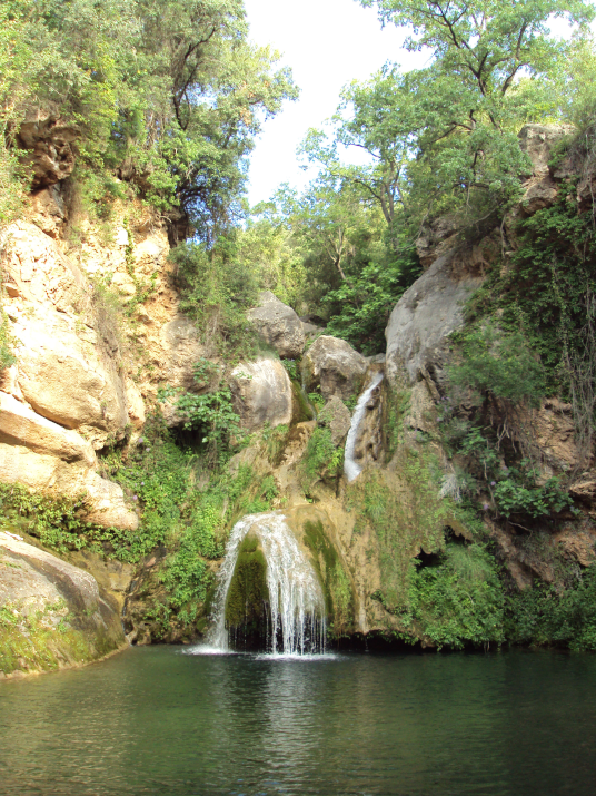 Cascada en un paisaje natural con rocas y árboles verdes