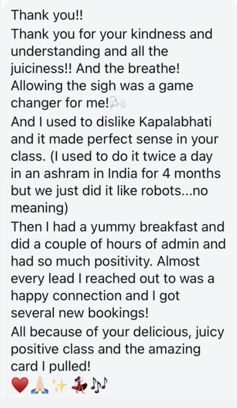 A screenshot of a thank you message expressing gratitude for kindness, positive experiences, and a gift card, with emojis including a heart, praying hands, sparkles, a woman dancing, and musical notes.