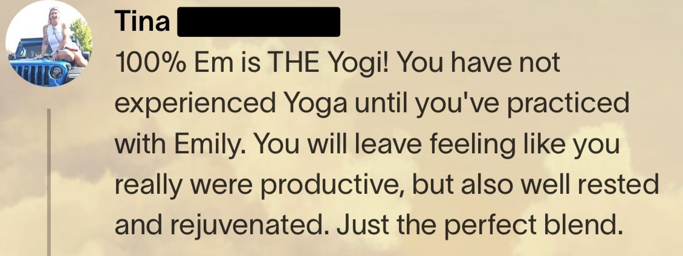 A text post from Tina about her experience with yoga, emphasizing practicing with Emily to feel productive and refreshed.