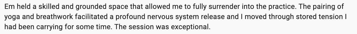 Text excerpt describing a yoga practice session focusing on surrender, nervous system release, and tension relief.