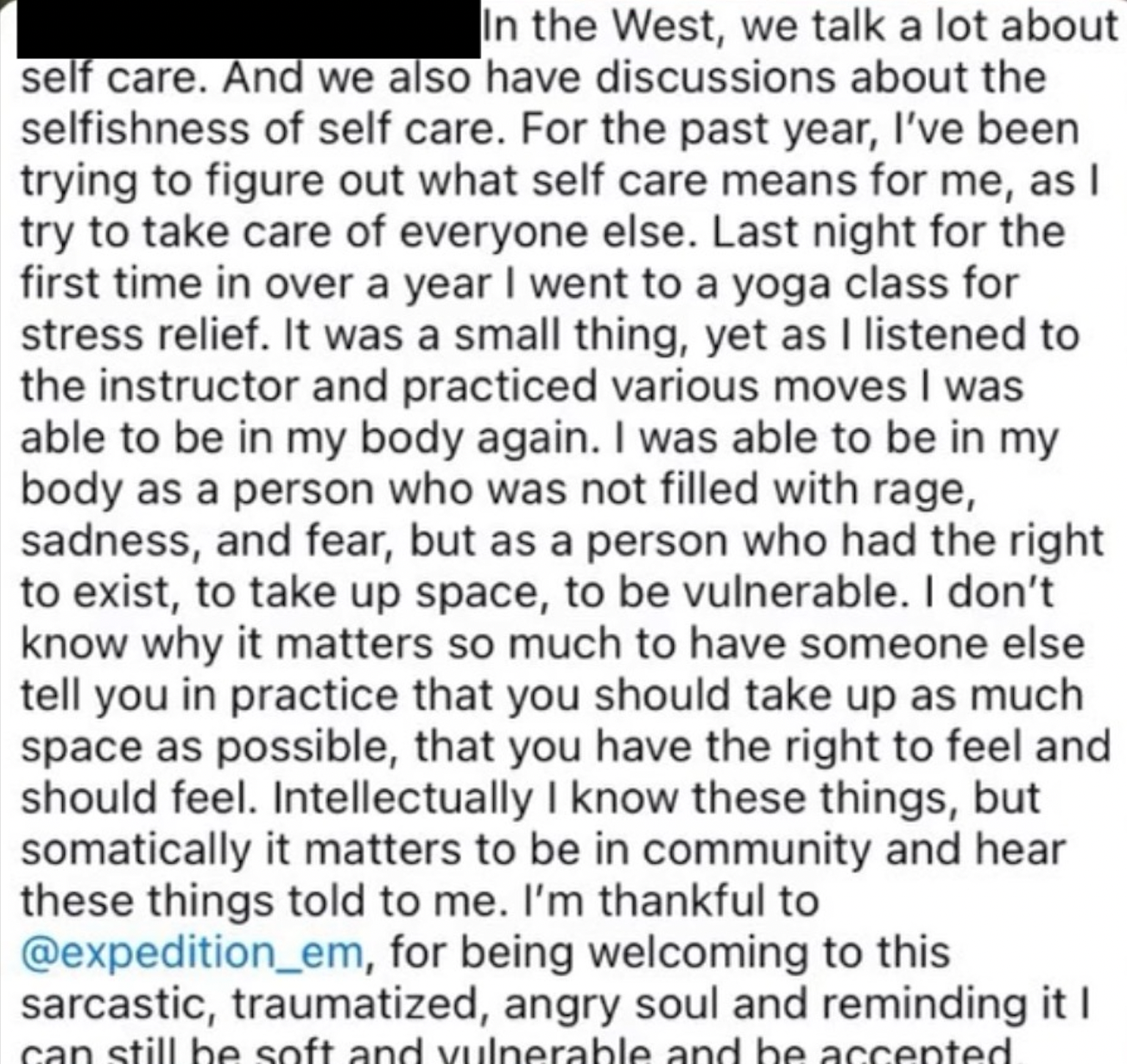A screenshot of a text passage discussing the importance of self-care, emotional vulnerability, and personal growth, mentioning going to a yoga class for stress relief and practicing self-acceptance.