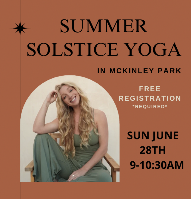 Poster advertising summer solstice yoga event in McKinley Park with a smiling woman sitting in a wooden chair, scheduled for Sunday, June 28th, from 9 to 10:30 AM, with free registration required.