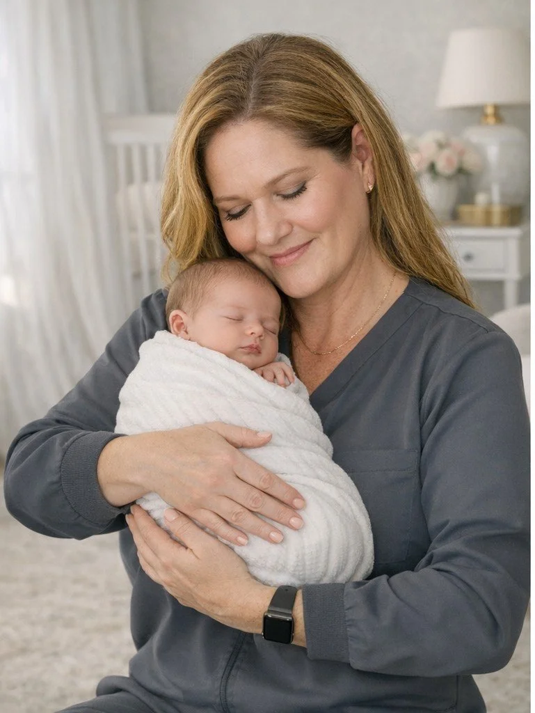 A woman with light brown hair and a gray top gently holding a sleeping newborn wrapped in a white blanket, smiling with her eyes closed in a softly lit, cozy bedroom.
