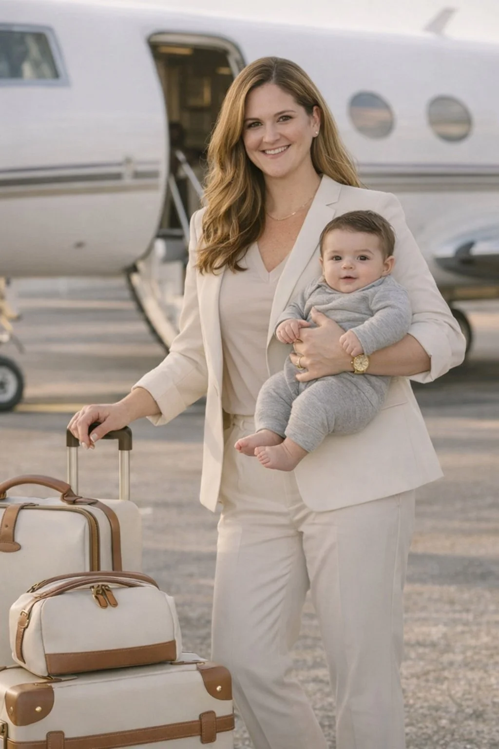 A woman in a white suit holding a smiling baby in gray clothes at an airport with luggage and private jet in background.