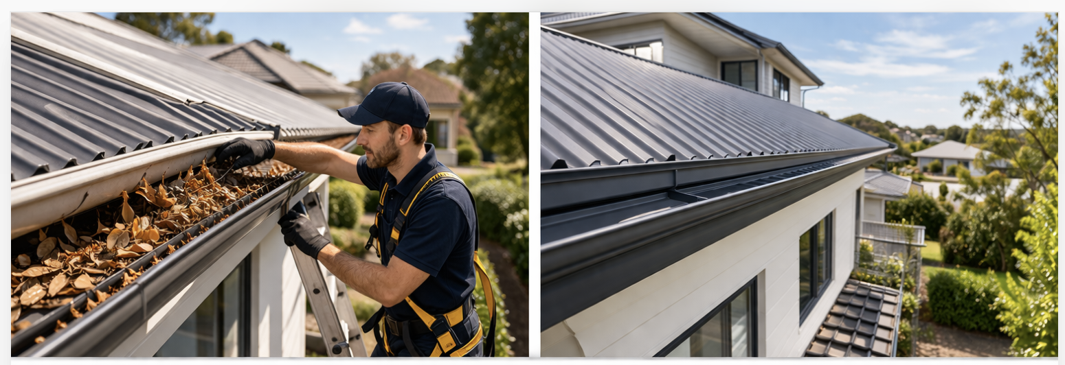 A handyman cleaning roof out a gutter filled with leaves on a house roof on the left, and a clean, leaf-free roof with new gutters on the right.